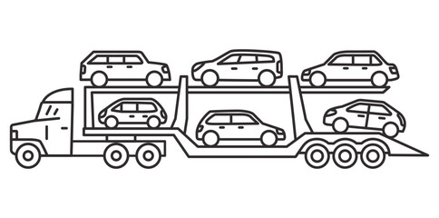 Car carrier truck.Car-carrying trailer. Truck carrying new cars. Auto transporter.Freight flatcar.A tractor unit with a car carrier.Truck delivery from factory .Outline vector illustration.