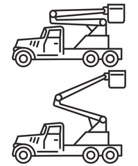 Bucket boom truck.Picker high lift platform.Vector outline illustration.Isolated on white background.Bucket truck line icon.Bucket boom truck side view.Aerial platform.Crane truck with basket.