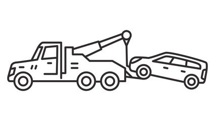 Tow truck icon.Towing truck van with car.City road assistance service evacuator.Car towing truck. Towing truck delivers the broken car. Outline vector illustration.Isolated on white background.