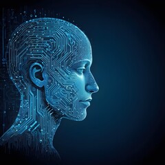 Obraz premium A human head silhouette made up of data streams and circuit board patterns against a dark blue background, representing the concept of artificial intelligence and machine learning