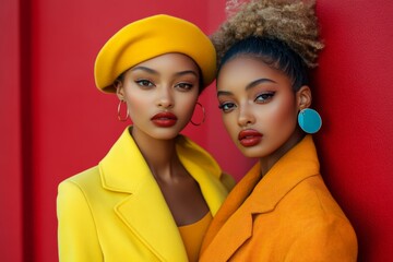 Two women, one in a red headwrap and sunglasses, the other in a yellow headwrap, posing against a vibrant yellow background.