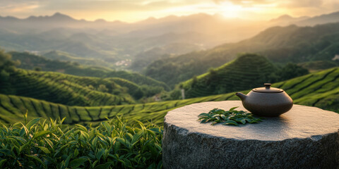 Rustic Stone Pedestal Overlooking Lush Green Tea Fields