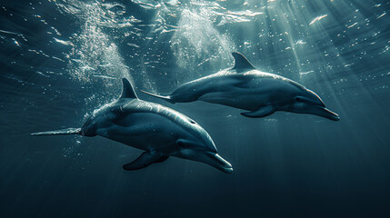Fototapeta premium a picture of two dolphins swimming underwater in the ocean.