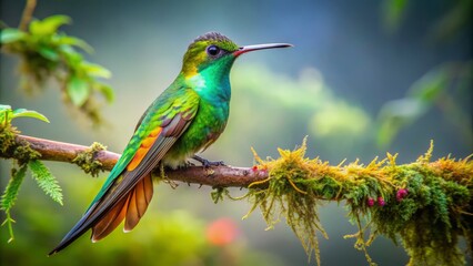 Fototapeta premium Iridescent feathers glimmer on a broad-tailed hummingbird perched on a slender branch, its long tail feathers splayed, amidst vibrant green foliage in the misty forest.