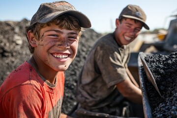 Fototapeta premium Two boys with cheerful faces handle coal under the sunlight, representing their enduring spirit and determination amidst the physically strenuous and dirty task.