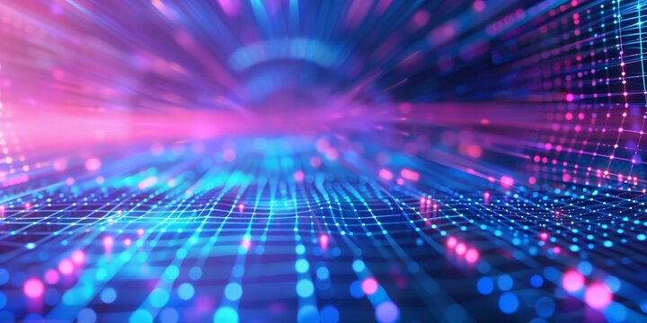 Abstract background with a grid and glowing lines and dots, blue and purple tones, futuristic style.