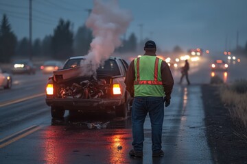 Obraz premium A person wearing a reflective vest manages a traffic incident involving a car with a smoking engine on a rainy evening, ensuring road safety and guidance for commuters.