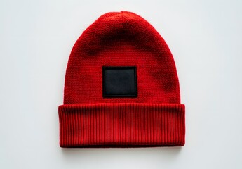 Red beanie hat with a black patch label on a white background, shown from a top view. Mockup for a design or print presentation in the style of a mock up. Flat lay photography.