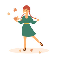 Autumn girl in a green dress. Vector illustration in flat style.