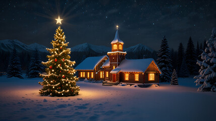 Fototapeta premium A Christmas tree stands tall in the background, adorned with sparkling lights, shimmering ornaments, casting a warm glow over the winter wonderland, a snow-covered church with twinkling lights.