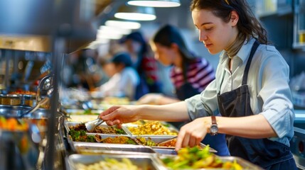 Obraz premium Busy restaurant kitchen with employees prepping, serving meals. Dark-haired woman serves food; kitchen bustling with activity. Energetic atmosphere, typical of a lively eatery.