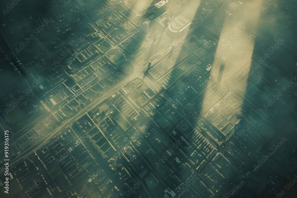 Poster aerial view of a city with a prominent clock tower, suitable for urban planning or architecture proj