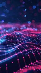 Abstract background with blue and red interconnected lines and dots creating a futuristic, digital vibe. Complex network structure evokes modern technology.