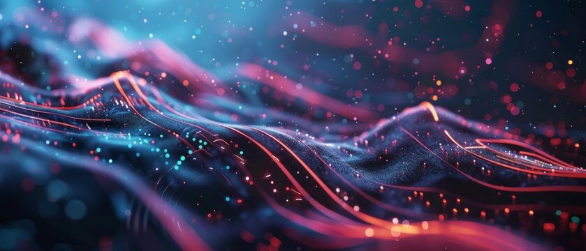 A digital landscape with glowing particles in red, blue, and purple creates a futuristic, sci-tech vibe. Bright, wavy stripes resemble shimmering stars on a dark backdrop.