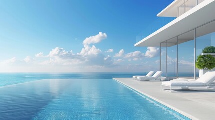 Fototapeta premium Luxurious pool near the sea w/ white deck chairs, stunning view of blue sea & sky. Clean, spacious area w/ white tables, serene & exclusive vibe.