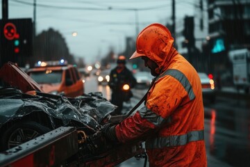 A worker in an orange jacket and helmet handles a damaged car on a misty morning, ensuring safety and readiness, overseen by other workers in the backdrop.