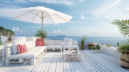Obraz premium Terrace on the roof of the house with white umbrellas on the sea background