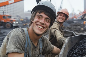Fototapeta premium Two coal miners at a construction site, faces beaming despite being covered in coal dust, embodying themes of hard work, camaraderie, and life in industrial settings.