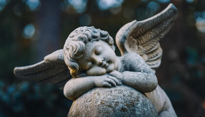 Gray stone sculpture of sleeping guardian angel. Antique statue with closed eyes. Religion concept