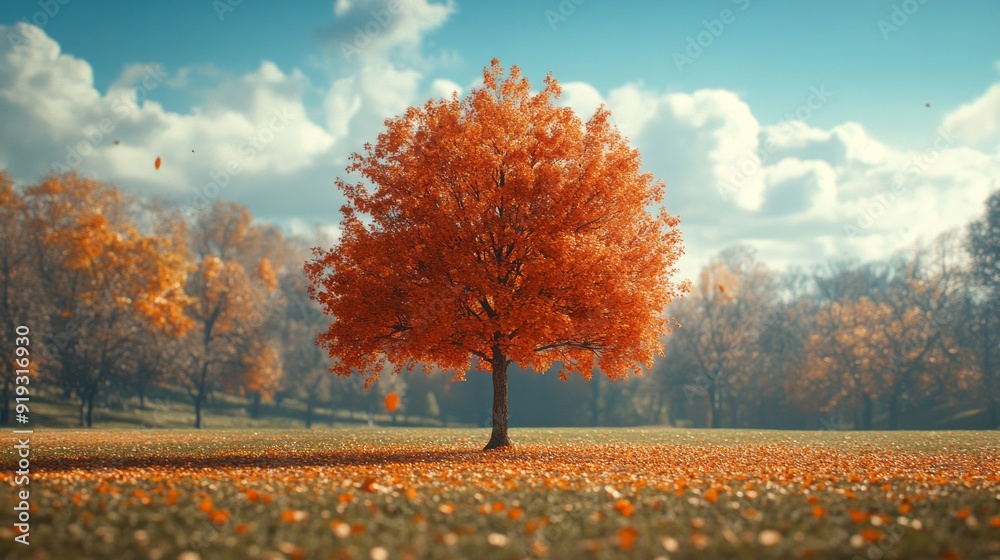 Poster a tree with orange leaves is in a field
