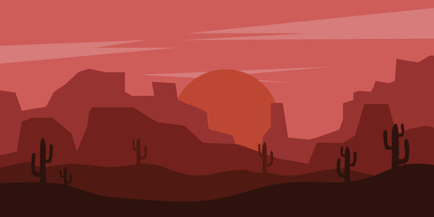 Fototapeta premium desert poster abstract background with wild cactus scenic landscape, vector illustration design graphic template