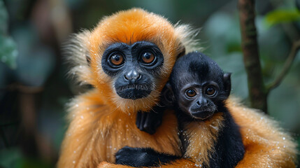 Fototapeta premium two orange-furred monkeys, a mother holding a baby.