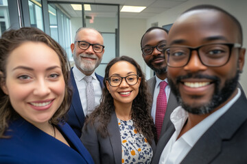 Obraz premium People of Different Skin Tones, Ethnicities, and Backgrounds Taking a Joyful Selfie in the Office