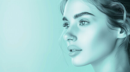 Fototapeta premium Woman face on light blue background, beauty promo design