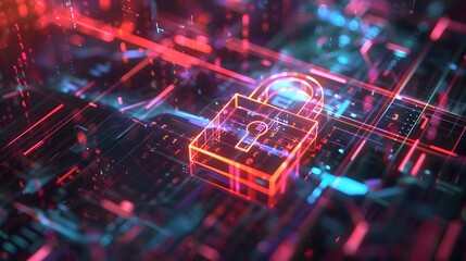 glowing holographic padlock icon represents the essence of secure data management in the cloud