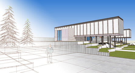 Obraz premium townhouse architectural sketch 3d illustration