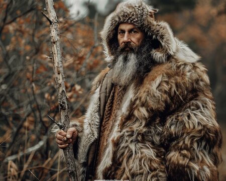 A forest tribesman, a fur-clad trapper in the wild. 