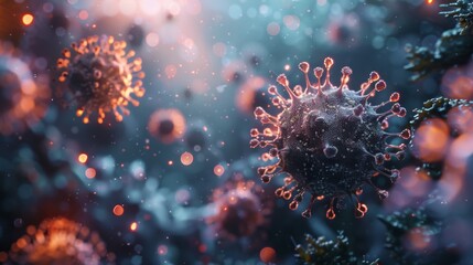 3D illustration of COVID-19 virus particles, depicting the virus's structure and impact