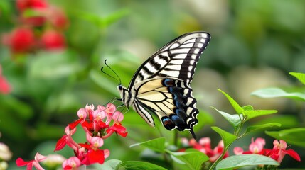 Obraz premium Closeup butterfly sucking nectar from beautiful color flowers
