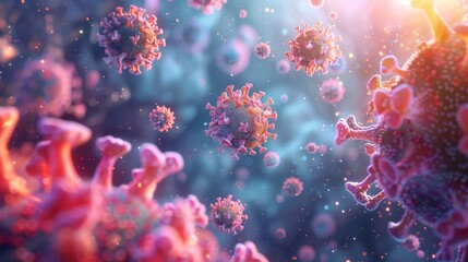 Fototapeta premium 3D illustration of COVID-19 virus particles, depicting the virus's structure and impact