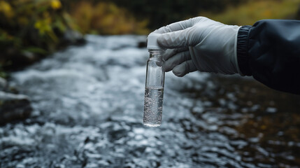 biologist analysing water test results . Environmental engineers inspect water quality ,Gloved hand with flask and a test tube