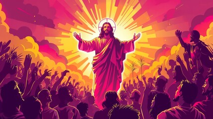 Obraz premium A beautiful vector of Jesus ascending to heaven, surrounded by clouds and light