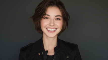 Fototapeta premium Young smiling woman with black short hair style and smooth background with copy space