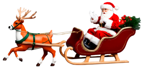 Miniature Santa Claus on sleigh, Christmas and celebration concept, on transparent background PNG.