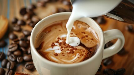 Pouring of milk in cup of hot coffee on table