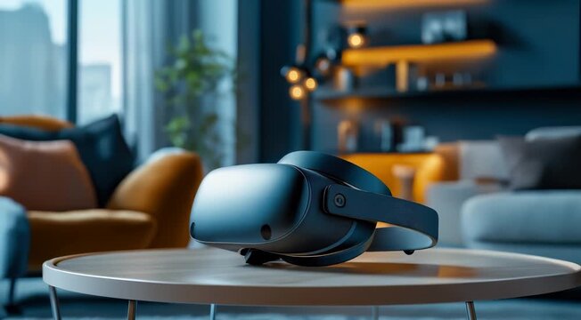 Virtual reality headset on a round wooden table in a modern living room with a sofa, decor items, and soft ambient lighting.