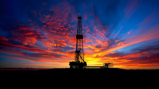A silhouette of a drilling rig against a fiery sky