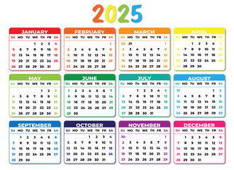 2025 Sunday Start Landscape Color Calendar. 2025 Sunday Start Horizontal Colorful Calendar Template. Simple calendar for year 2025 isolated on white background. Vector illustration.
