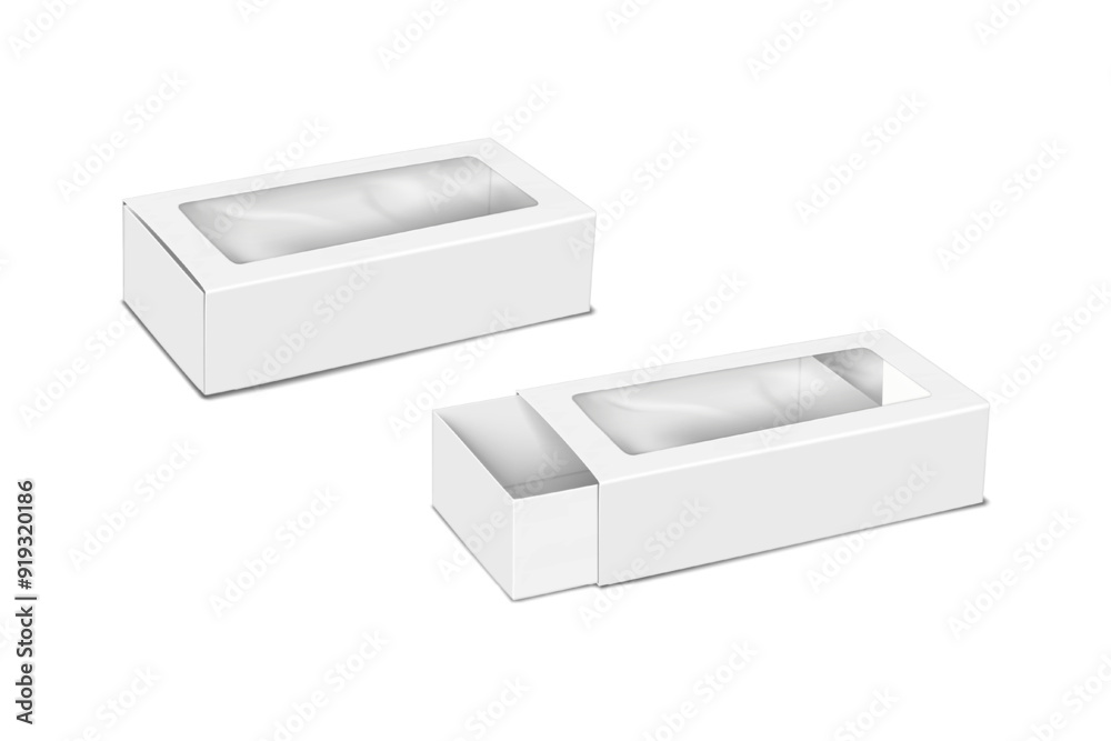 Wall mural white blank paper slider drawer box with clear plastic window. realistic 3d vector mock-up. cardboar