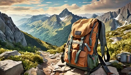 Realistic hiking backpack set up at a campsite with mountain and forest view. Camping scene. AI Generated. AI Generative. Graphic art illustration