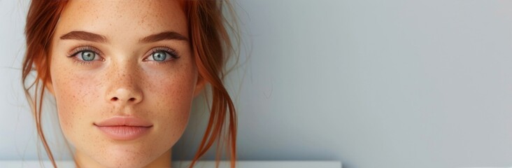 Obraz premium Young Woman With Red Hair and Blue Eyes Against a Light Gray Background