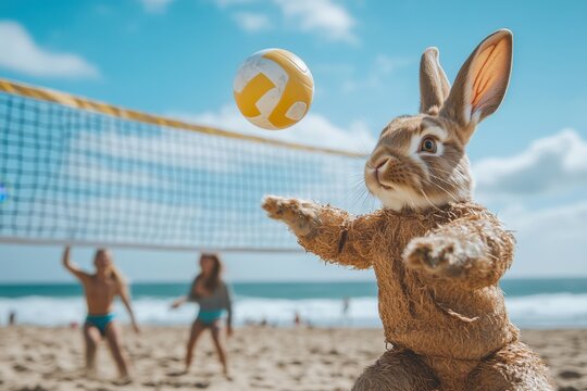 A brown-furred rabbit engages in beach volleyball while friends play nearby against a vibrant ocean backdrop