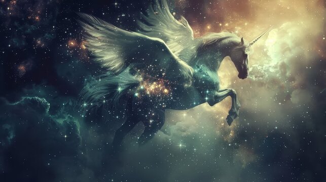 Pegasus. Fantasy and mythology, astro symbolism, digital business, fantasy space fashion, constellation pegasus, beauty of the cosmos, magic animal, freedom concept.