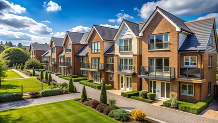 Newly constructed residential buildings in a UK suburban area, showcasing modern architecture, green spaces, and a mix of apartments and detached homes.