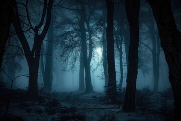 Haunted old-growth forest at night, with swirling fog and moonlight illuminating the tall trees, creating an eerie and spooky atmosphere