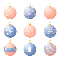 Set of Christmas balls in blue and pink colors. Cartoon Christmas tree toys